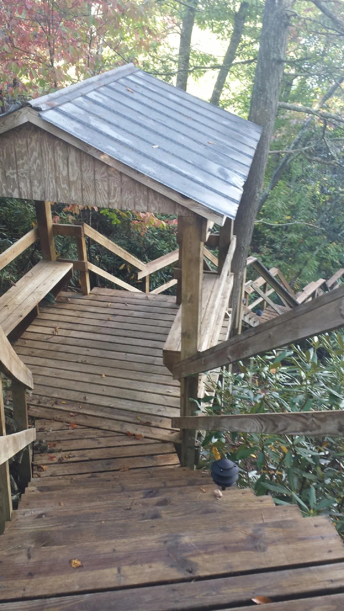 Metal roofed shelter over wooden steps on a wooded walkway — Skylight Repair & Installation work by our crew in Kimmswick